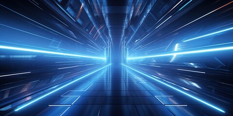 Blue futuristic sci-fi style corridor or shaft background with exit or goal ahead.Abstract cyber or...