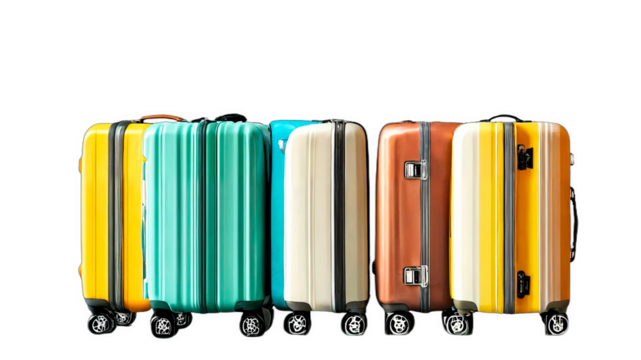 Plastic suitcases isolated on blank empty white background. Travel concept. Copy space. Premium png for mockup. Layout