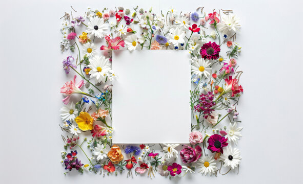 A square wedding invitation made of thick paper lying on a table with wildflowers, liliacs, carnations, peony ranunculus on a deep white background. 