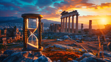 An hourglass rests at the ruins of a civilization. - obrazy, fototapety, plakaty