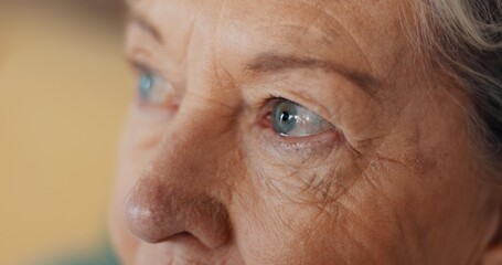 Eyes, thinking and senior woman at nursing home with fear, stress and worry or depression in...