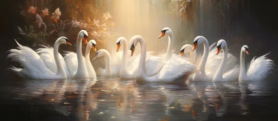 Poster A distinguished group of majestic swans gracefully swimming in a picturesque lake, surrounded by fancy carp. The regal swans elegantly glide through the water, creating a mesmerizing sight. © pngking