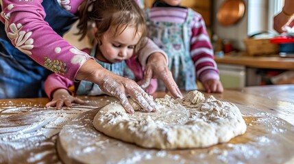 Close-up of family of grandparents and kids cooking food. grandmother teaches her granddaughter how to knead dough for homemade bread - obrazy, fototapety, plakaty