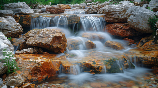 Serene Waterfall's Grace: Capturing Silky Cascades Over Rocks in Twilight