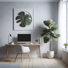 Interior of modern office with white walls, tiled floor, comfortable computer desk with black armchair and plants. Mock up poster frame Generative AI