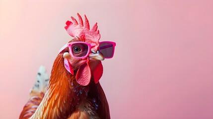 Chicken sunglasses pink background. Generate Ai Cool hen portrait in sunglasses
 - obrazy, fototapety, plakaty