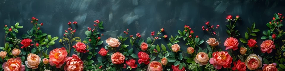 Foto op Plexiglas  greeting card mockup with peony and garden roses on dark concrete background. Summer flat lay composition with flowers. Top view with copy space © Denis