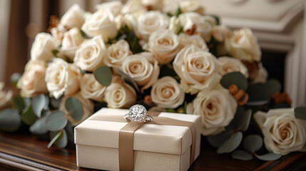 wedding bouquet with roses and gift box