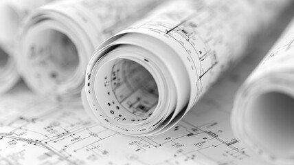 Roll of architectural drawing paper and blueprints. Specifies plans, designs, and technical drawings related to architecture and construction. - obrazy, fototapety, plakaty