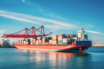 Aerial view of a large, loaded container cargo ship traveling over open ocean