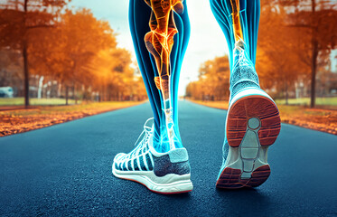 Sports injury of the feet and knees, illuminated by neon light. A man's legs.  - obrazy, fototapety, plakaty