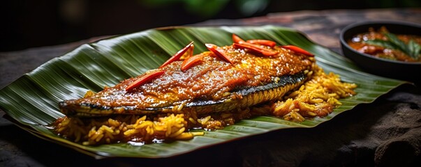 Traditional Indian fish curry made with tapioca and spicy Kerala-style seasoning, served on a banana leaf. Also known as kappa or cassava with sardine masala, this Asian cuisine - obrazy, fototapety, plakaty