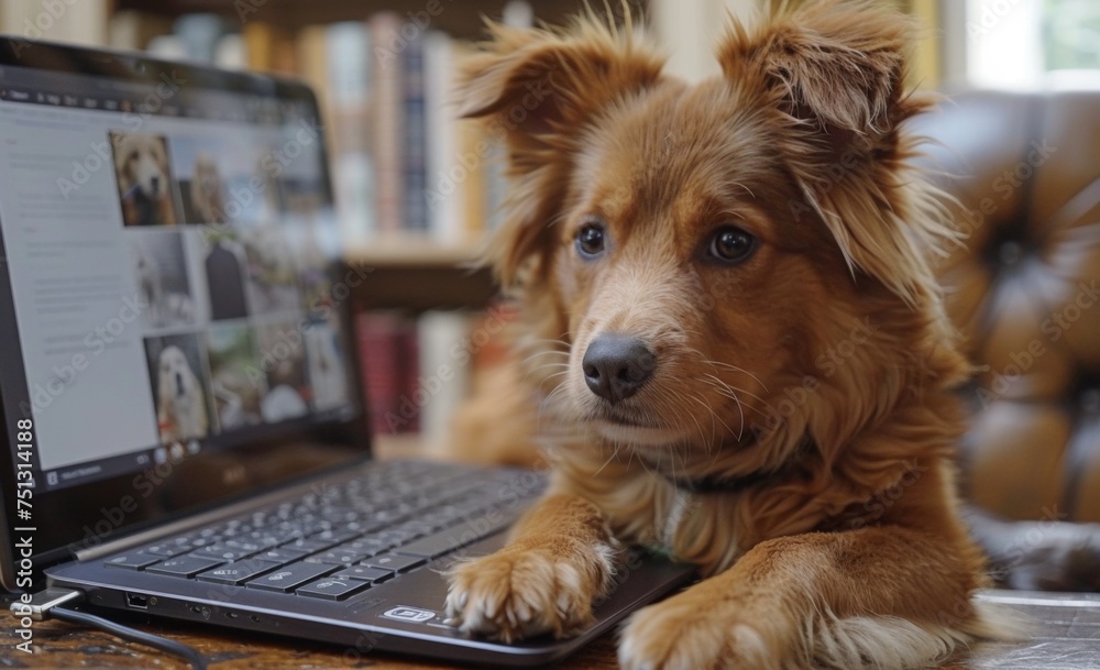 Sticker cute dog with laptop on the table in the living room.