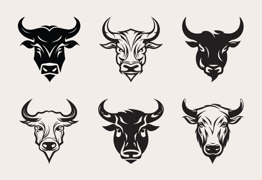 Set of bull head one color vector logo, emblem or icon.