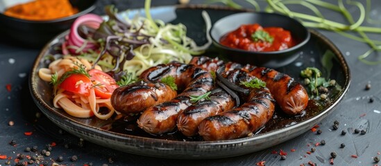 A plate filled with various types of sausages including German, Italian, and garlic, alongside a colorful salad, tomato sauce, mustard, and Squid Ink Fettuccine with chili sauce.
