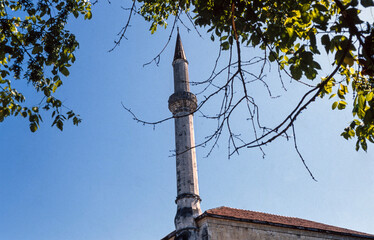 Mosque minaret at Bihac in the eighties. Croatia. Former Joegoeslavia in the eighties.  Bosnia...