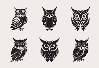 Naklejka premium Set if owl one color vector logo, emblem or icon.