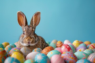 Greetings from the Easter inspiration idea: Picture of a rabbit nestled among multicolored eggs, set against a blue backdrop. Generated AI