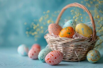 Fototapeta na wymiar Welcome Easter vibes: A detailed shot of a table adorned with basket of colored eggs and mimosa flowers, set before a blue backdrop, ready for your festive text or advertising. Generated AI