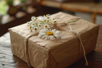 A gift in a box wrapped in natural recycled paper, twine and decorated with flowers on a wooden table.