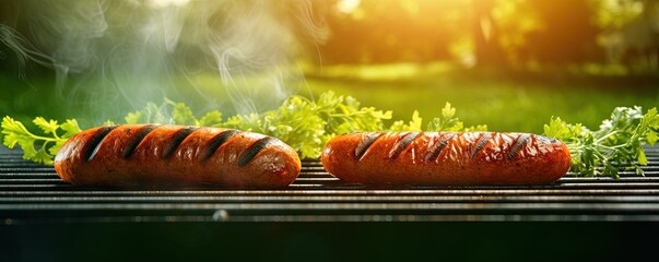 three hotdogs on a grill with a green leafy plant in the backgrouf of the grill in the foreground, and a green lawn in the background. - obrazy, fototapety, plakaty