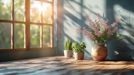Flowers in vase on wooden floor in room with sun light