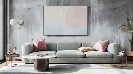 Interior of modern living room with grey sofa