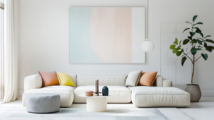 White living room interior with a white sofa, coffee table and a vertical poster.