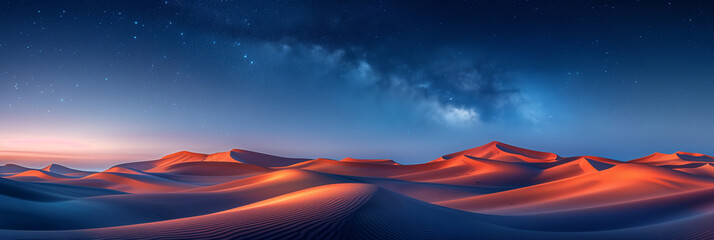Lunar Dunescape: A Surreal Encounter of Star Trails and Moonlit Sand, Captured in the Stillness of Night - obrazy, fototapety, plakaty