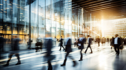 Business workplace with people walking with blurred motion in the office area