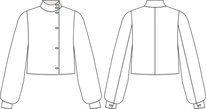 collared butoned balloon long sleeves short jacket outerwear coat template technical drawing flat sketch cad mockup fashion woman design style model

