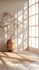 Fototapeta na wymiar Empty room with shadows of window and dried flowers in vase. Japandi Style studio background