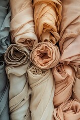 Close-up of various rolls of multicolored fabric stacked