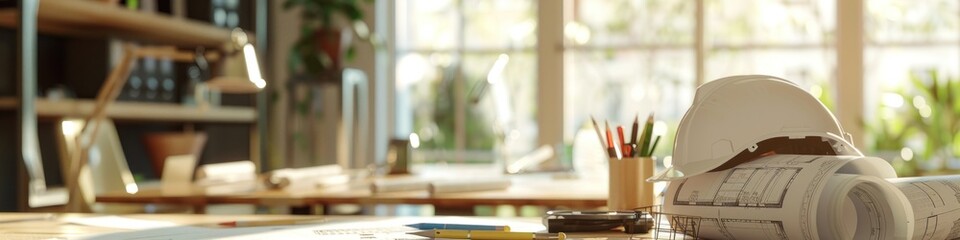 Team of engineers reviewing new construction project blueprints with engineering tools at desks in office