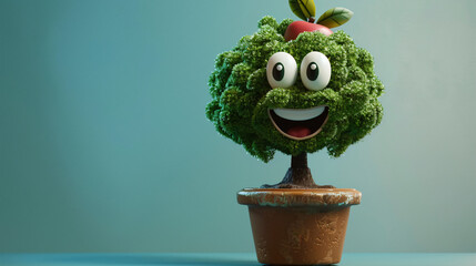 Funny character tree apple tree in a flower pot