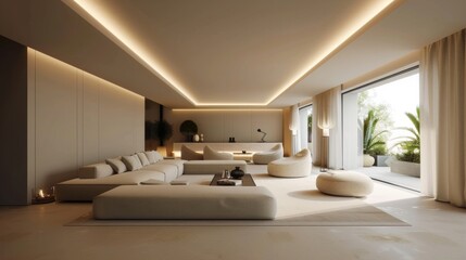 Fototapeta na wymiar 3d rendering of an elegant living room, in the style of mood lighting, dark beige and white