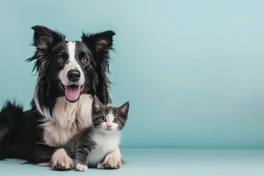 Dog and kitty lying on floor. Portrait of dog and cat. Friendly pets on blue background