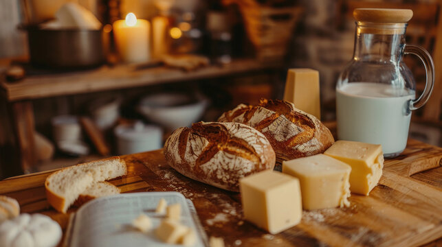 A close-up view of a cutting board with a selection of allergy-friendly ingredients: gluten-free bread, dairy-free cheese, and nut-free butter.