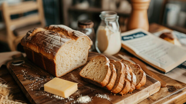 A close-up view of a cutting board with a selection of allergy-friendly ingredients: gluten-free bread, dairy-free cheese, and nut-free butter.