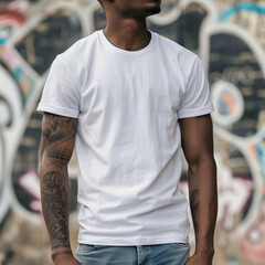 A man with a white t-shirt with no design stands in front of a graffiti wall