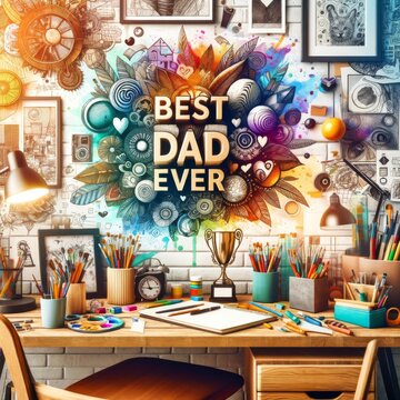 An artistic image of a father's home office, filled with creative elements. "Best Dad Ever" trophy amidst an array of art supplies, sketches, and inspirational quotes. 