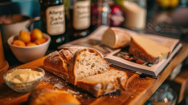 A close-up view of a cutting board with a selection of allergy-friendly ingredients: gluten-free bread, dairy-free cheese, and nut-free butter.