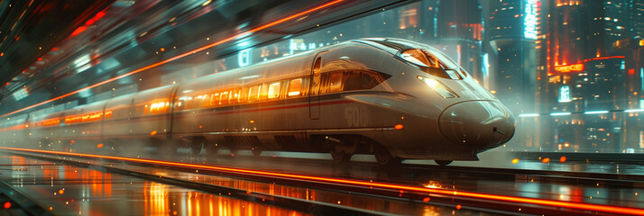 Fototapeta na wymiar City of Tomorrow: A High-Speed Train Blazes Through a Neon-Lit Future, Captured in a Streak of Light