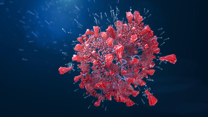 Soap molecules destroying a coronavirus, conceptual illustration. Soap molecules with a hydrophilic- water loving head (blue) and a hydrophobic - fat loving tail. - obrazy, fototapety, plakaty