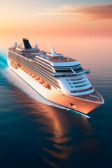 Luxury cruise ship sailing to ocean on sunset.