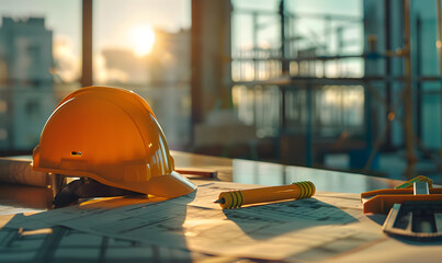 Construction blueprints and a yellow helmet placed against a construction site background, represent the concepts of construction planning and workplace safety.