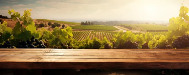 Fotobehang Empty wood table top with on blurred vineyard landscape background, for display or montage your products. Agriculture winery and wine tasting concept. digital ai art © Coosh448