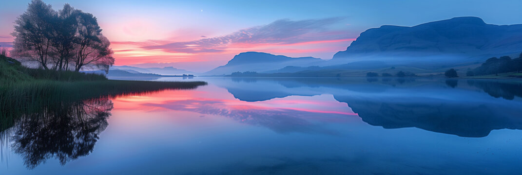 Tranquil Dusk Reflections: A Serene Long Exposure of a Calm Lake, Mirroring the Sky and Landscape in Perfect Harmony