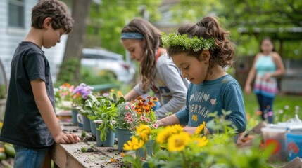 A community garden event on May Day, children making flower crowns, and tables set with local spring produce, creating a sense of renewal and community spirit