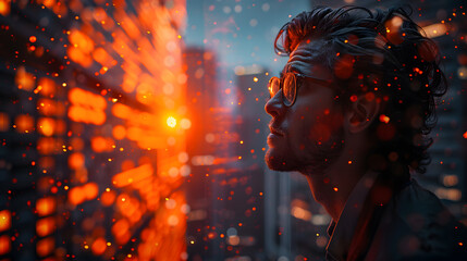 Portrait of Businessman in Glasses with Red and Orange City Lights Background, Reflecting Technology Digital Innovation Concept, Urban Entrepreneurial Vision and Corporate Success Strategy.